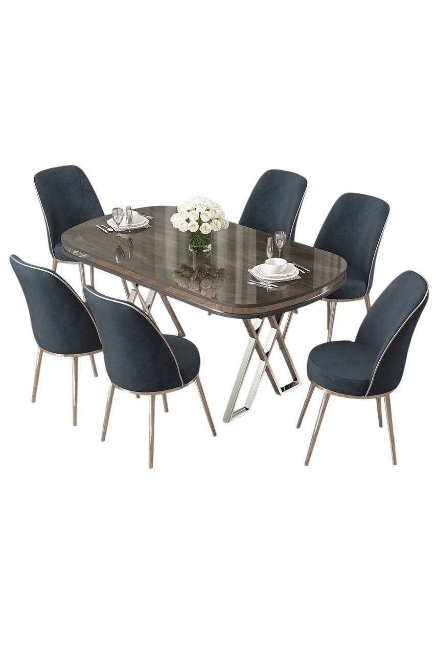 Set masă și scaune (7 piese), Hanah Home, Lai, Antracit / Crom - imagine 2