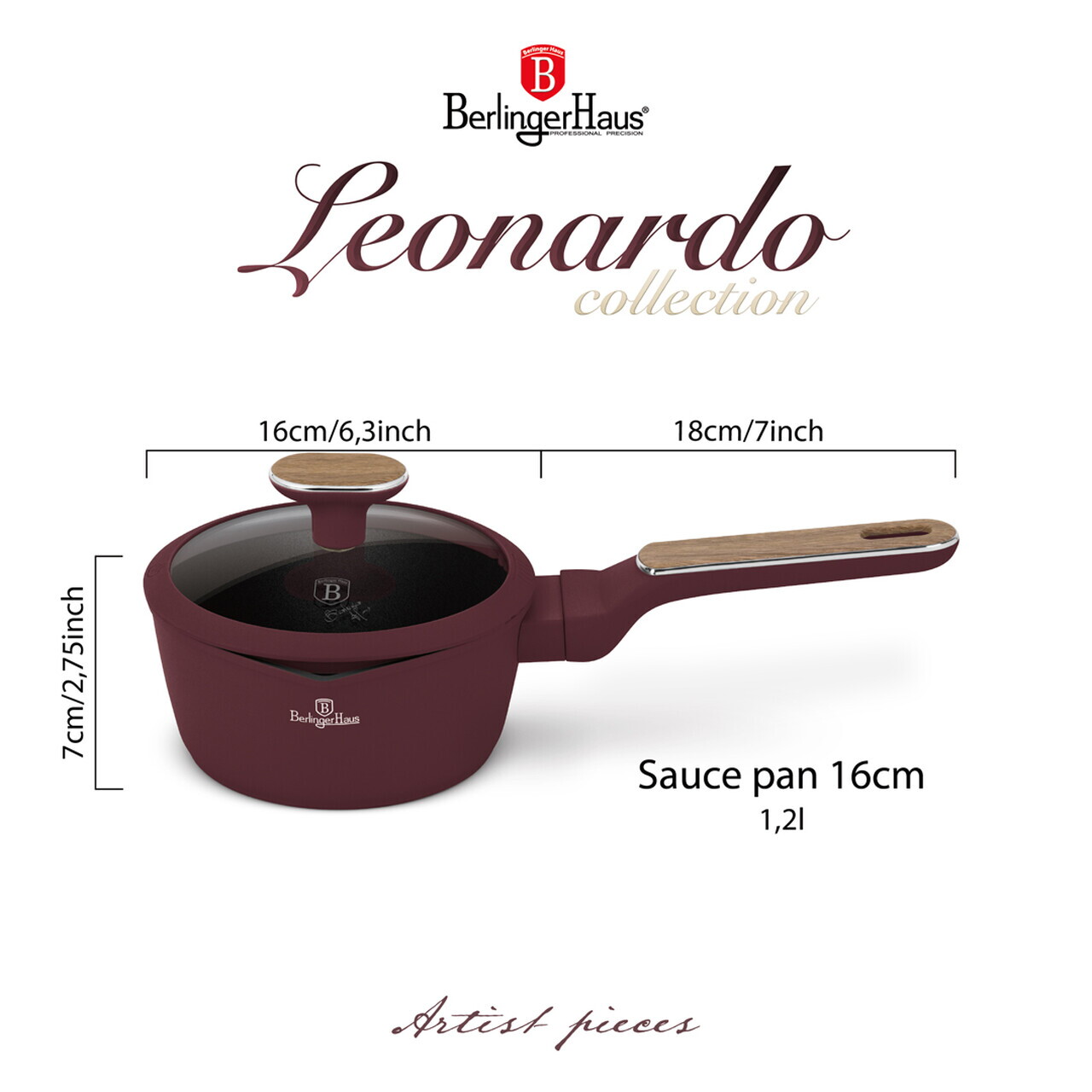 Cratita cu capac Berlinger Haus, Leonardo Nordic, 16 cm, 1.2 L, aluminiu forjat, visiniu mat - imagine 10