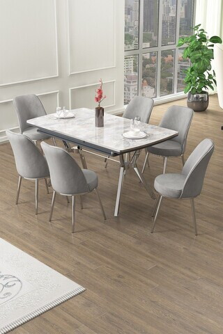 Set masa extensibila si scaune (7 piese), Hanah Home, Poy, Gri/Crom