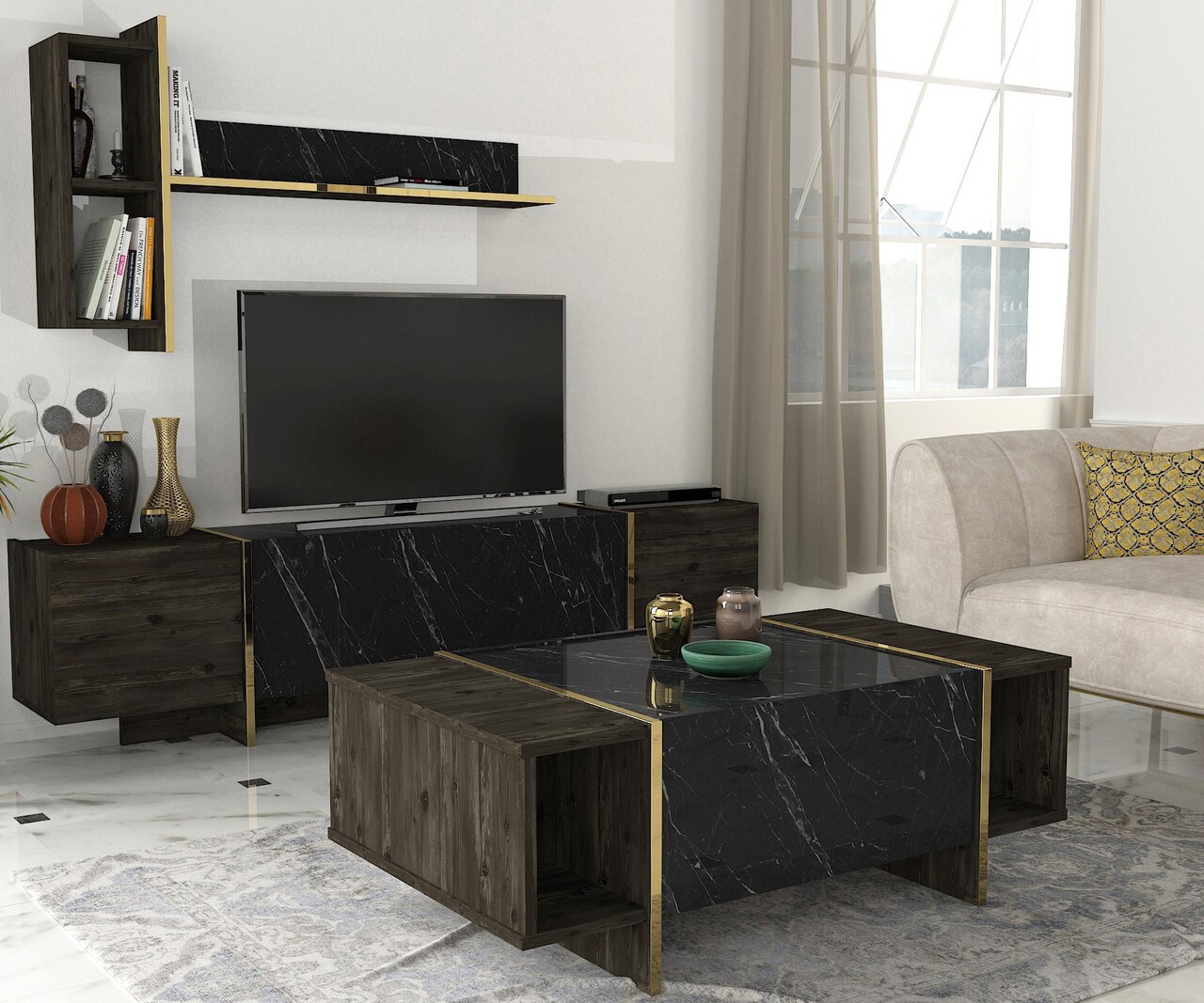 Set mobilier living, Hanah Home, Veyron Set 1, Negru - imagine 2