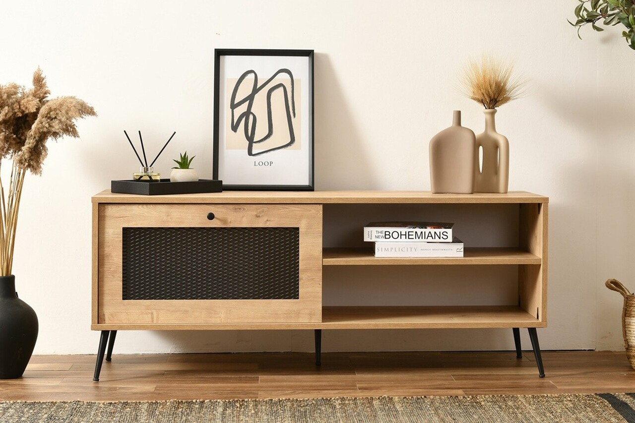 Comoda TV, Wolina, Wire 140, 138x55x41 cm, 100% PLANCĂ DE PARTICULAȚI VOLTATE, Stejar - 1 | YEO