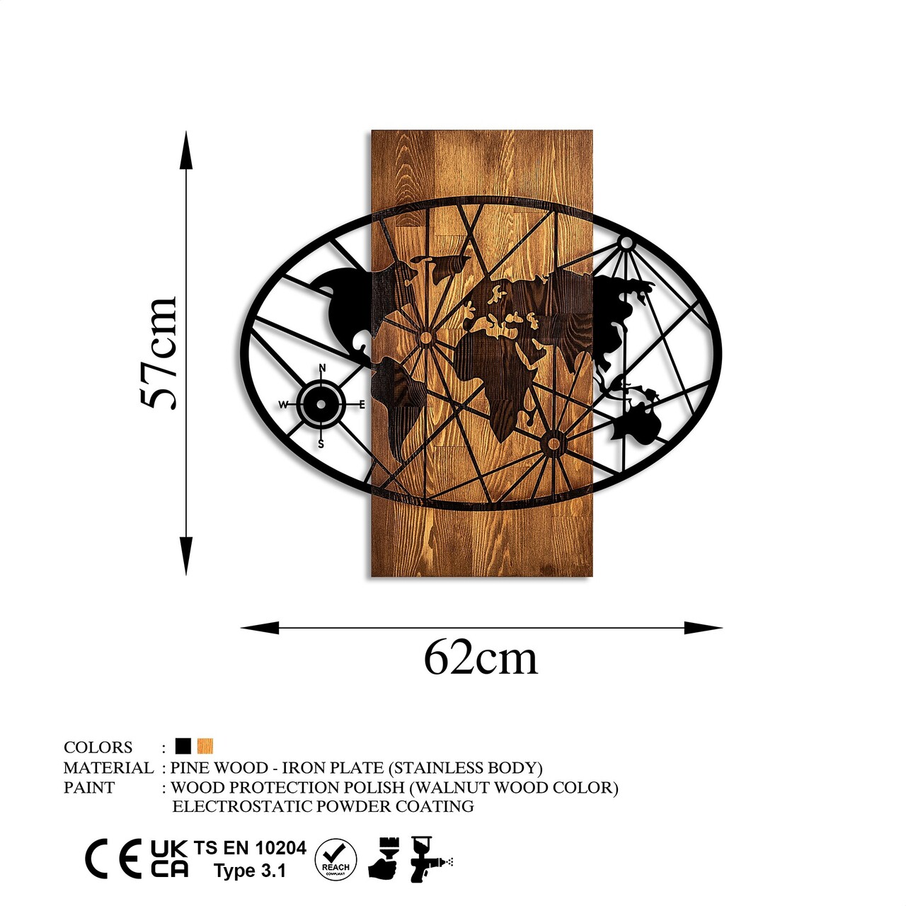 Decoratiune de perete, World Map 4-M, Dimensiuni: 57 x 62 cm, Nuc / Negru - view 6