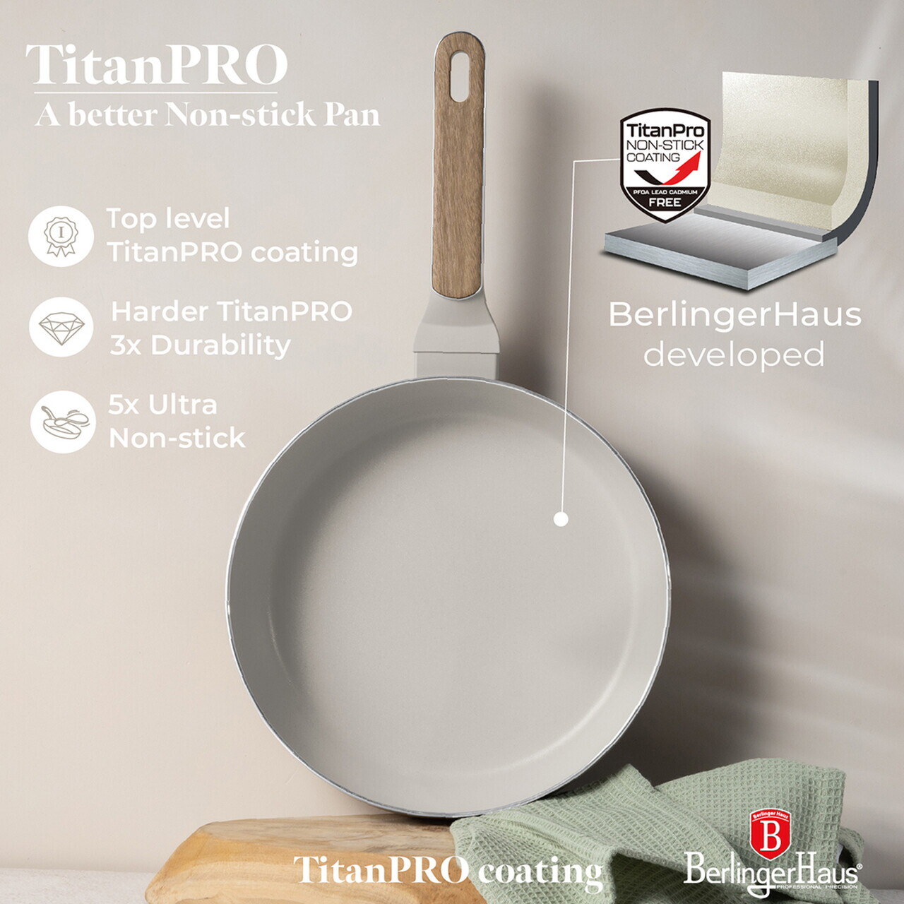 Tigaie flip Berlinger Haus, Sahara Nordic, 26 cm, aluminiu, crem mat/natur - imagine 9