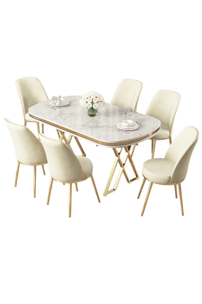 Set masă și scaune (7 piese), Hanah Home, Lai, Alb / Auriu / Crem - imagine 2