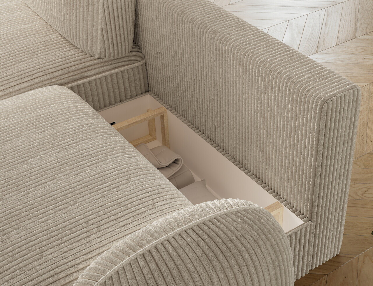 Coltar extensibil stanga 3 locuri ELTAP, Tesalia, 240x150x93 cm, lemn/catifea din poliester, bej deschis — imaginea 7