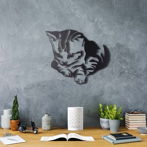 Decoratiune de perete, cute cat, metal, dimensiune: 35 x 43 cm, negru