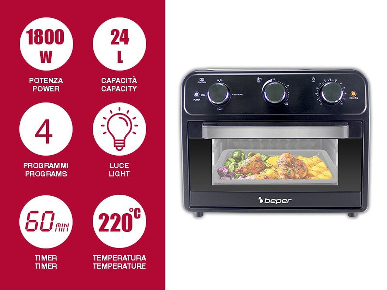 Cuptor multifunctional cu friteuza cu aer cald Beper, 41x35x39 cm, 1800W, 24L, metal/inox/sticla, negru - view 6
