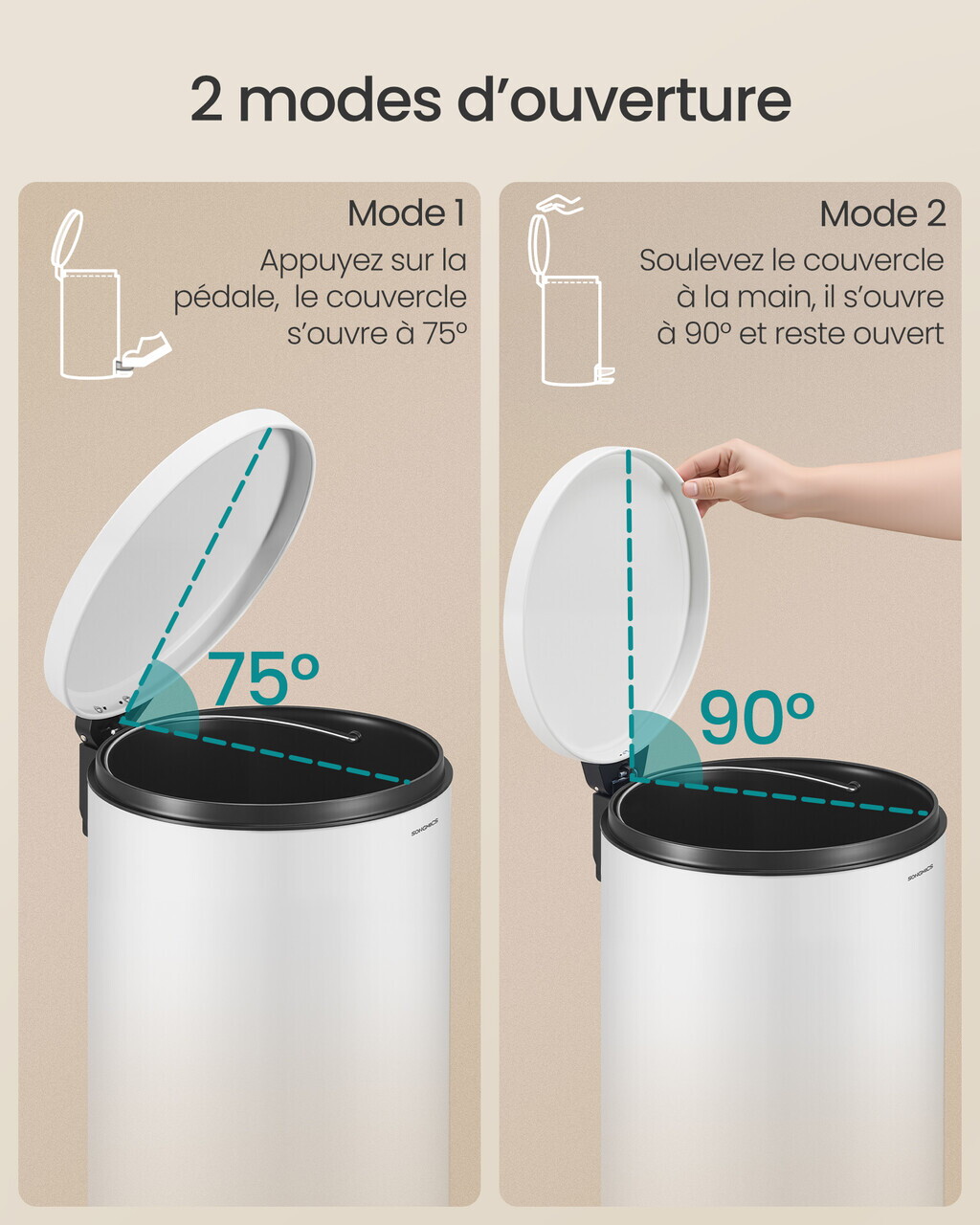 Cos de gunoi cu pedala 20L + 15 saci menajeri, Songmics, capac soft-close, otel, alb - imagine 5