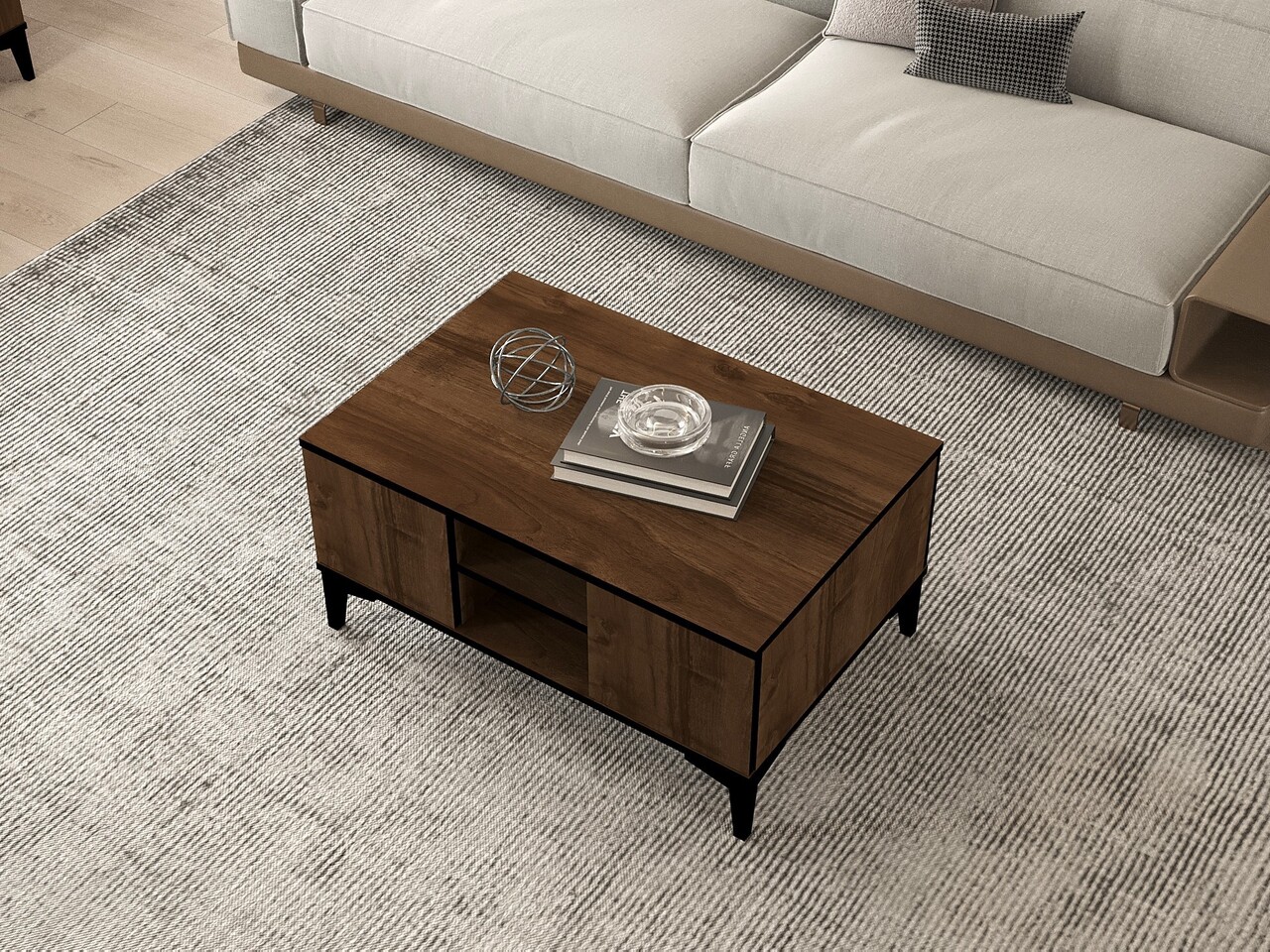 Masuta de cafea, Puqa Design, Gediz, 90x45x60 cm, PAL, Nuc / Negru - 1 | YEO