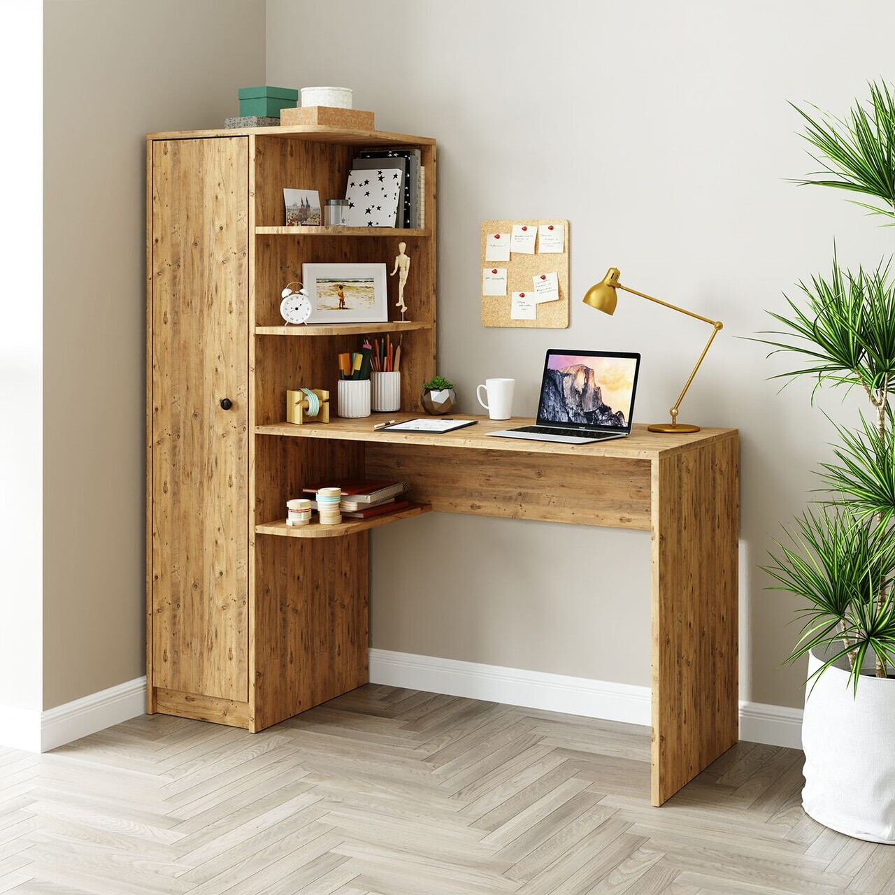Set birou si biblioteca, Hanah Home, 2078, 143.2x143.2x50 cm, PAL MELAMINAT, Maro — imaginea 4
