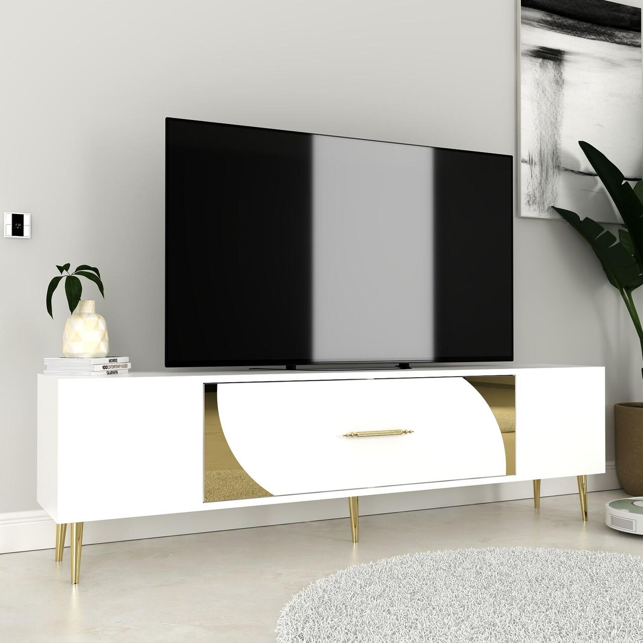 Comoda TV, Olivia, Dekop2, Alb/Auriu - 1 | YEO