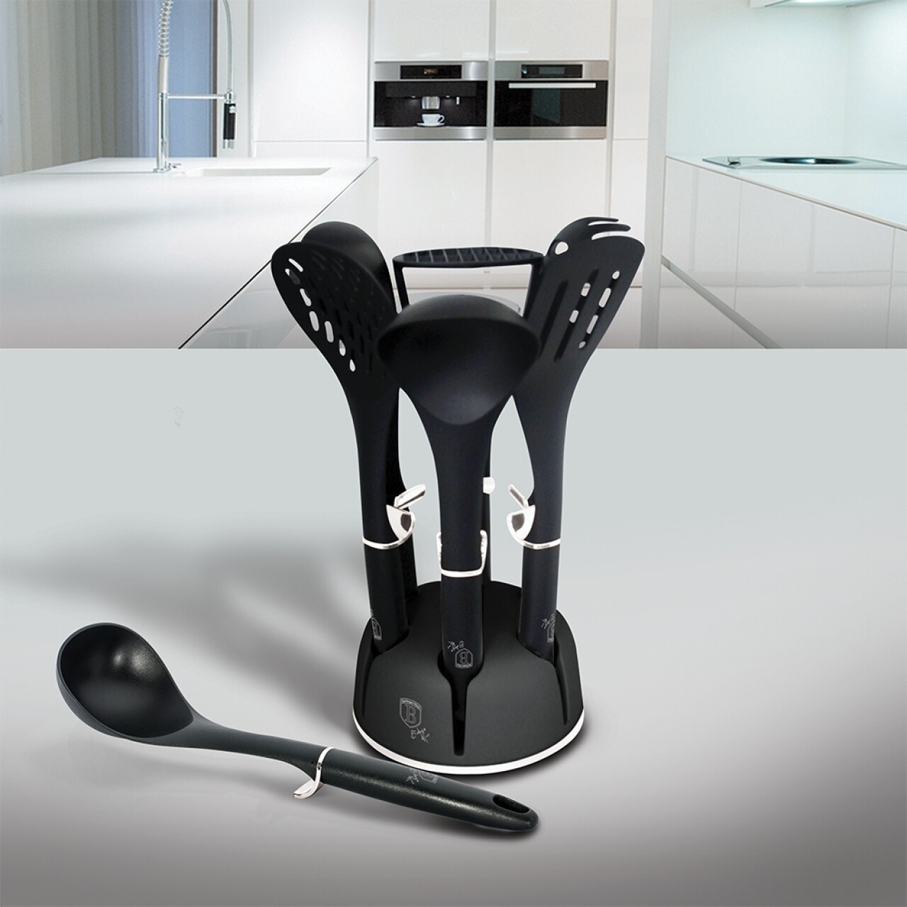 Set 7 ustensile de bucatarie cu suport Black Royal, Berlinger Haus, plastic, negru/maro