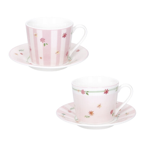 Set 2 cesti cu farfurie pentru cafea, Polline Pink, Brandani, D11x7 cm, 50 ml, portelan New Bone China