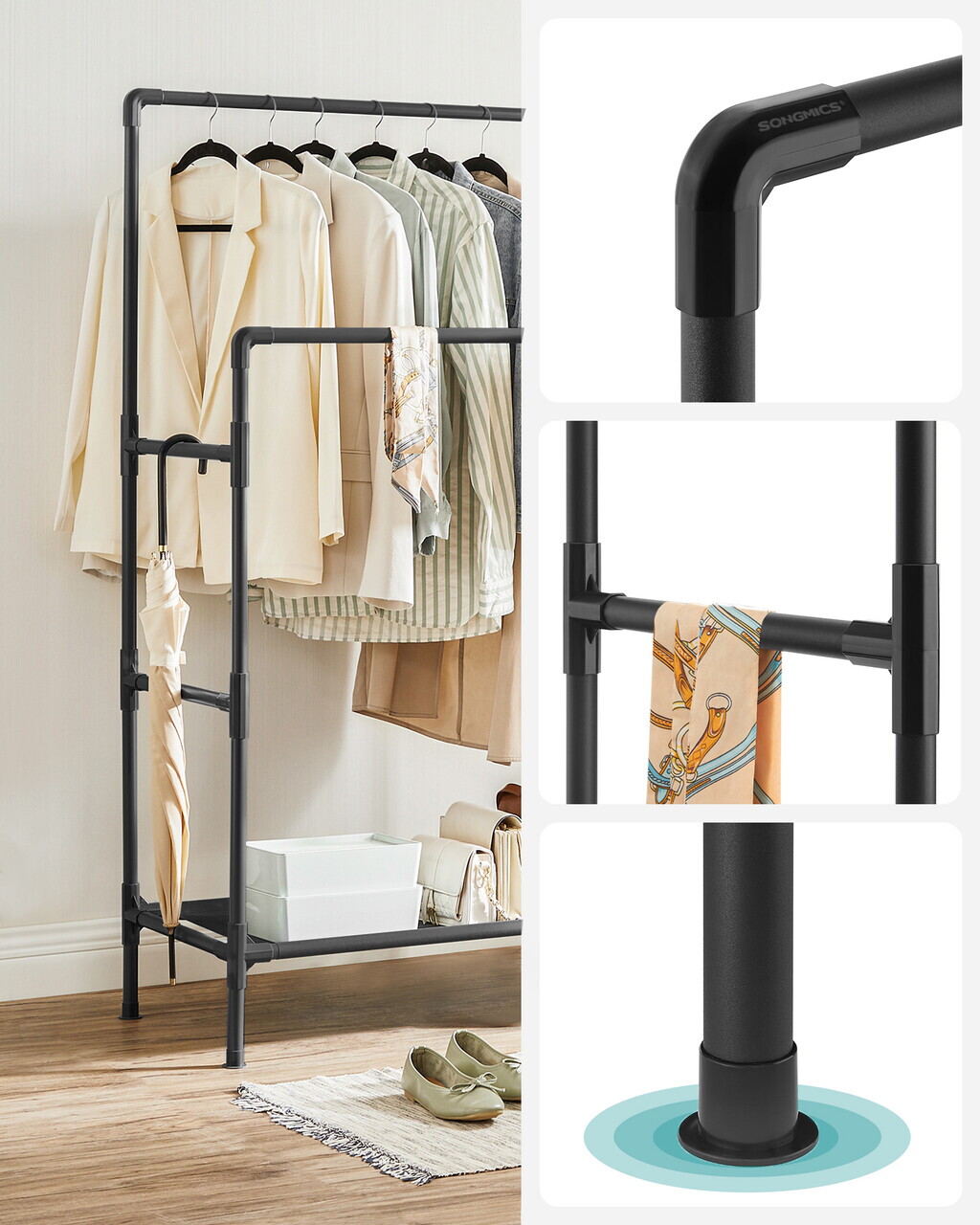 Suport dublu pentru umerase, Songmics, cu 2 bare si raft, 83x45x157 cm, otel, negru - imagine 4