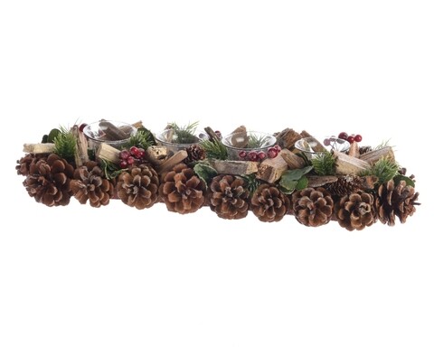 Decoratiune cu 4 suporturi pentru lumanari natural, decoris, maro/verde