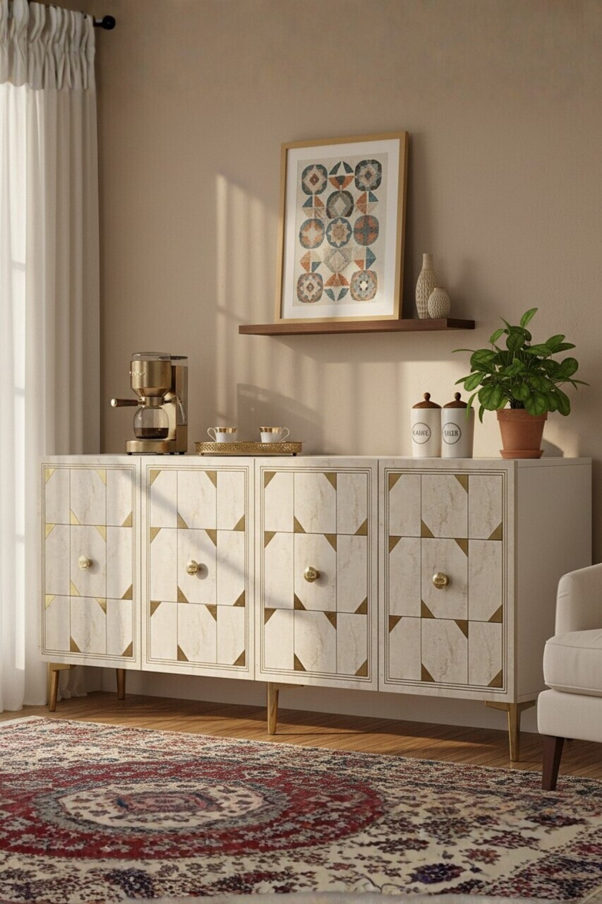 Consola, Hanah Home, Moka 150, 150x75x32 cm, White / Travertine / Gold