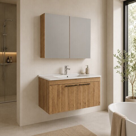 Set Dulap de Baie cu Chiuvetă și Oglindă (2 Piese), Hanah Home, Snap 100, Nuc deschis