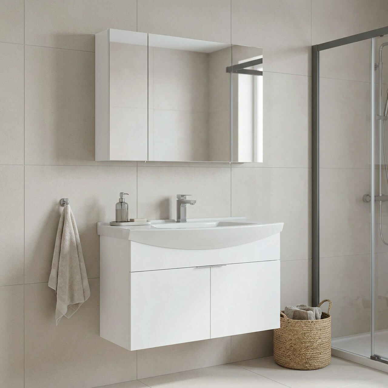 Set Dulap de Baie cu Chiuvetă și Oglindă (2 Piese), Hanah Home, Purus 100, Alb