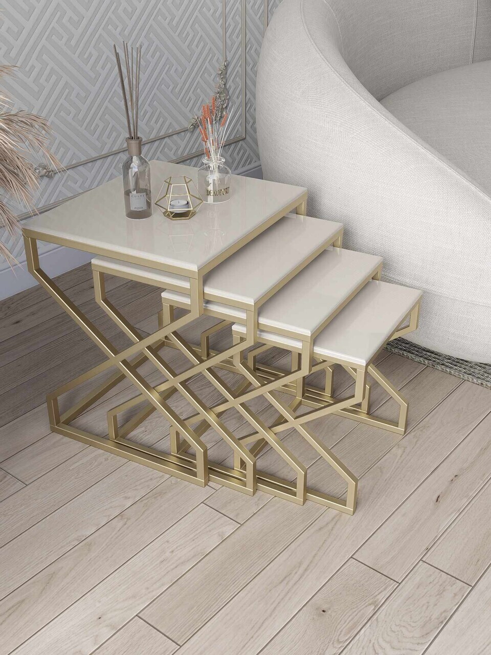 Set masute Nesting 4 piese, Hanah Home, Ela, Aur / Crem — imaginea 2