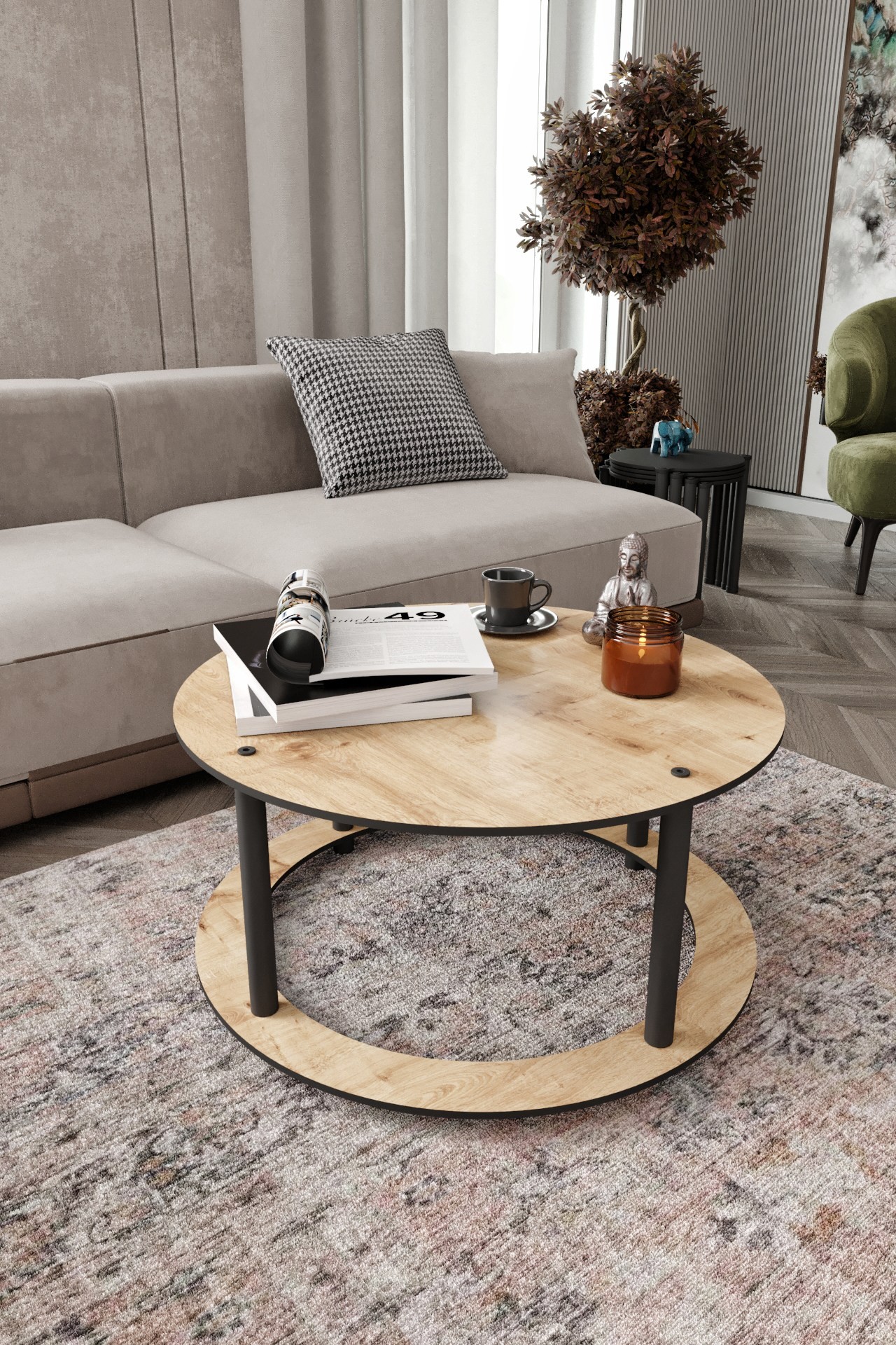 Masuta de cafea, Hanah Home, Hole Round, MDF , Stejar