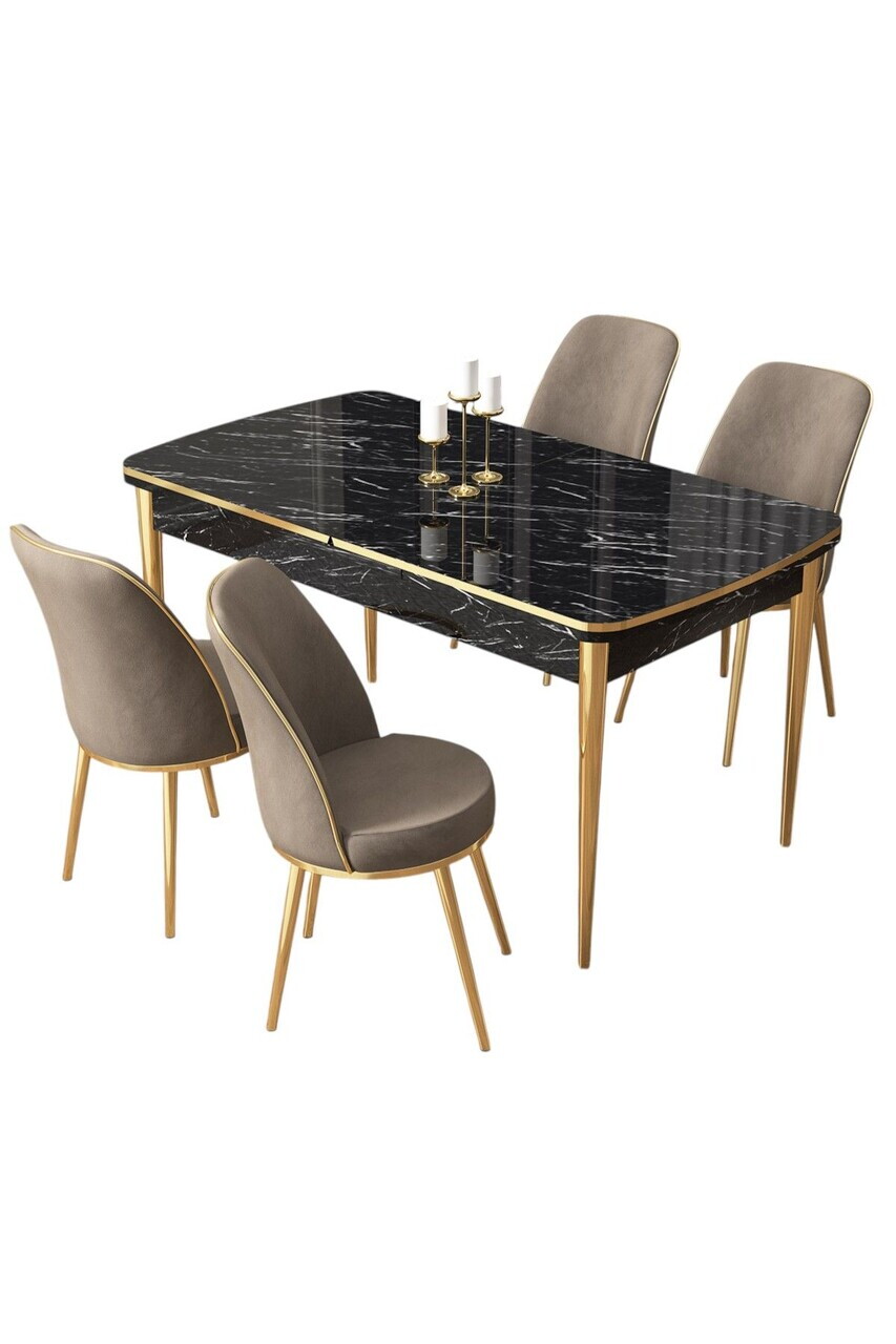 Set masa extensibila si scaune (5 piese), Hanah Home, Pale, Model de marmură neagră / Auriu / Cappuccino — imaginea 2