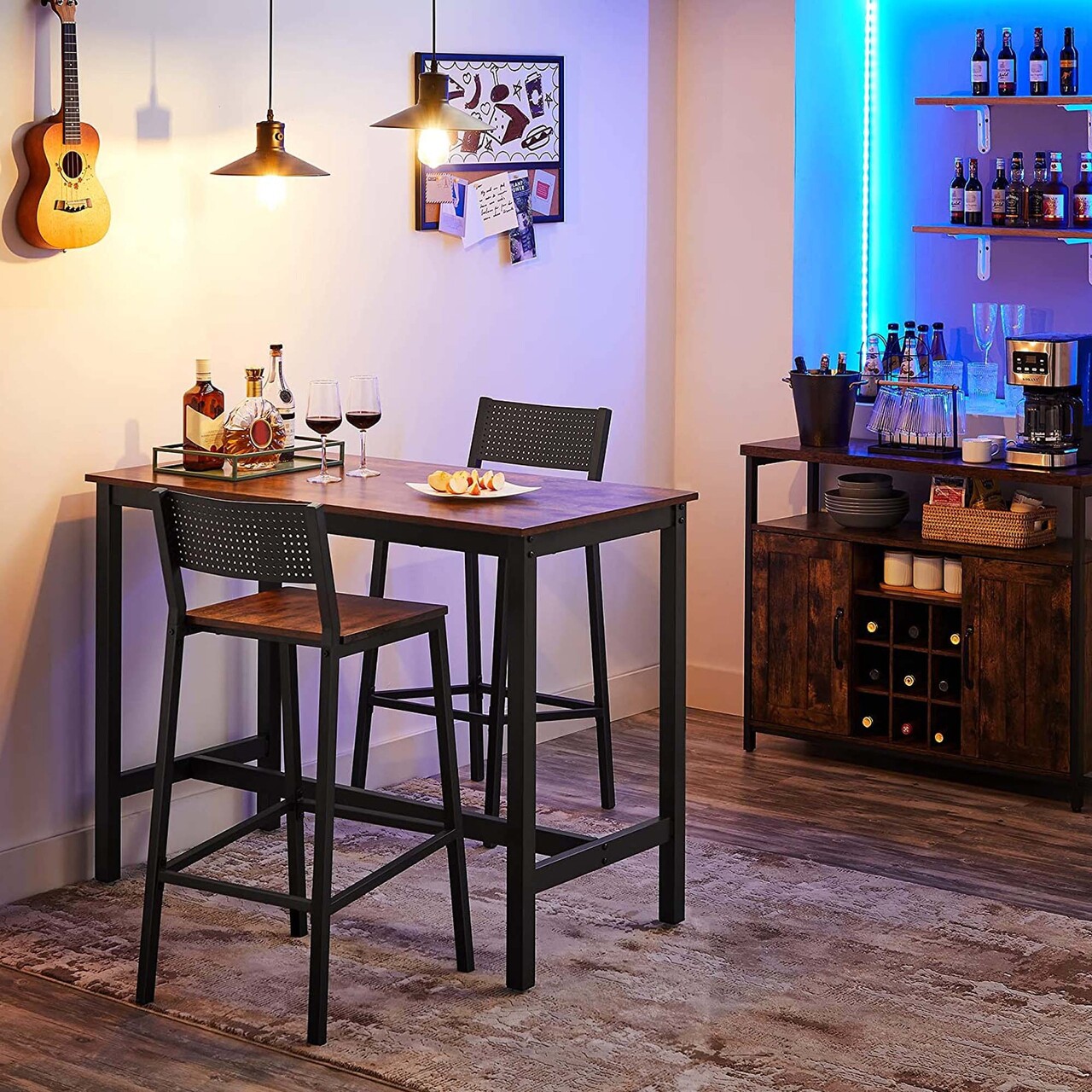 Set 2 scaune de bar, Vasagle, 50.7x43.1x97.2 cm, PAL/otel, max 130 kg, maro rustic