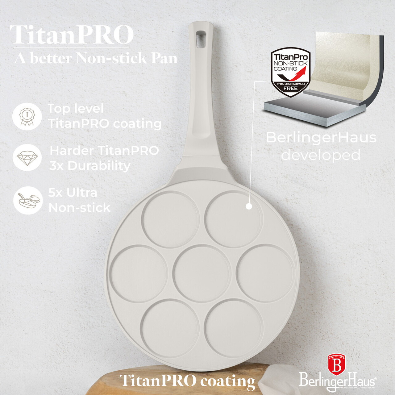 Tigaie pentru clatite, 7 forme Berlinger Haus, Sahara, 26 cm, aluminiu turnat, crem mat - imagine 10