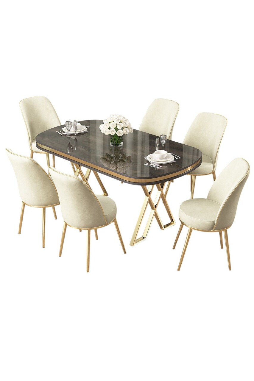 Set masă și scaune (7 piese), Hanah Home, Lai, Antracit / Auriu / Crem - imagine 2