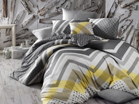 Lenjerie de pat dubla, 4 piese, amestec bumbac, Nazenin Home, Kerry Grey, alb/gri/galben
