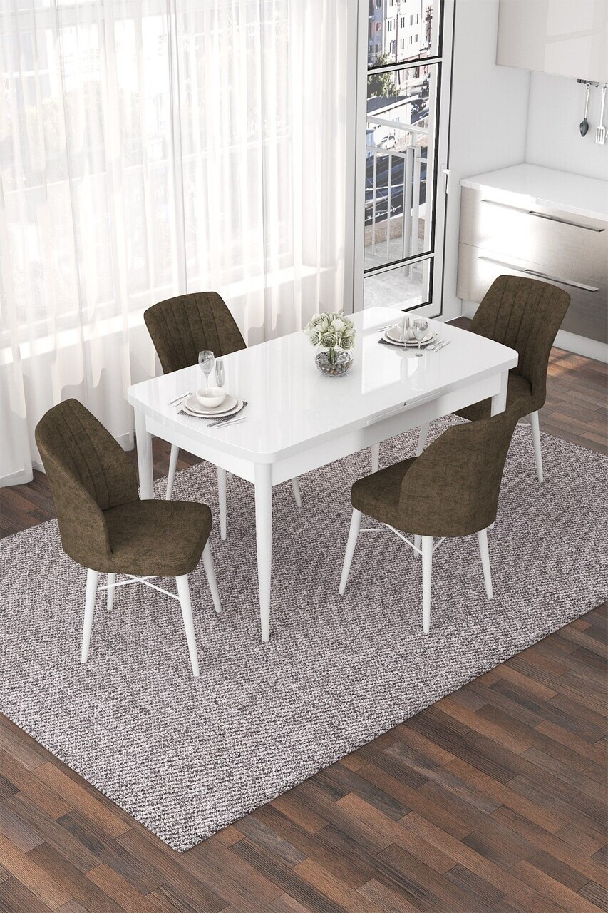 Set masa extensibila si scaune (5 piese), Hanah Home, Nef, Alb/Maro