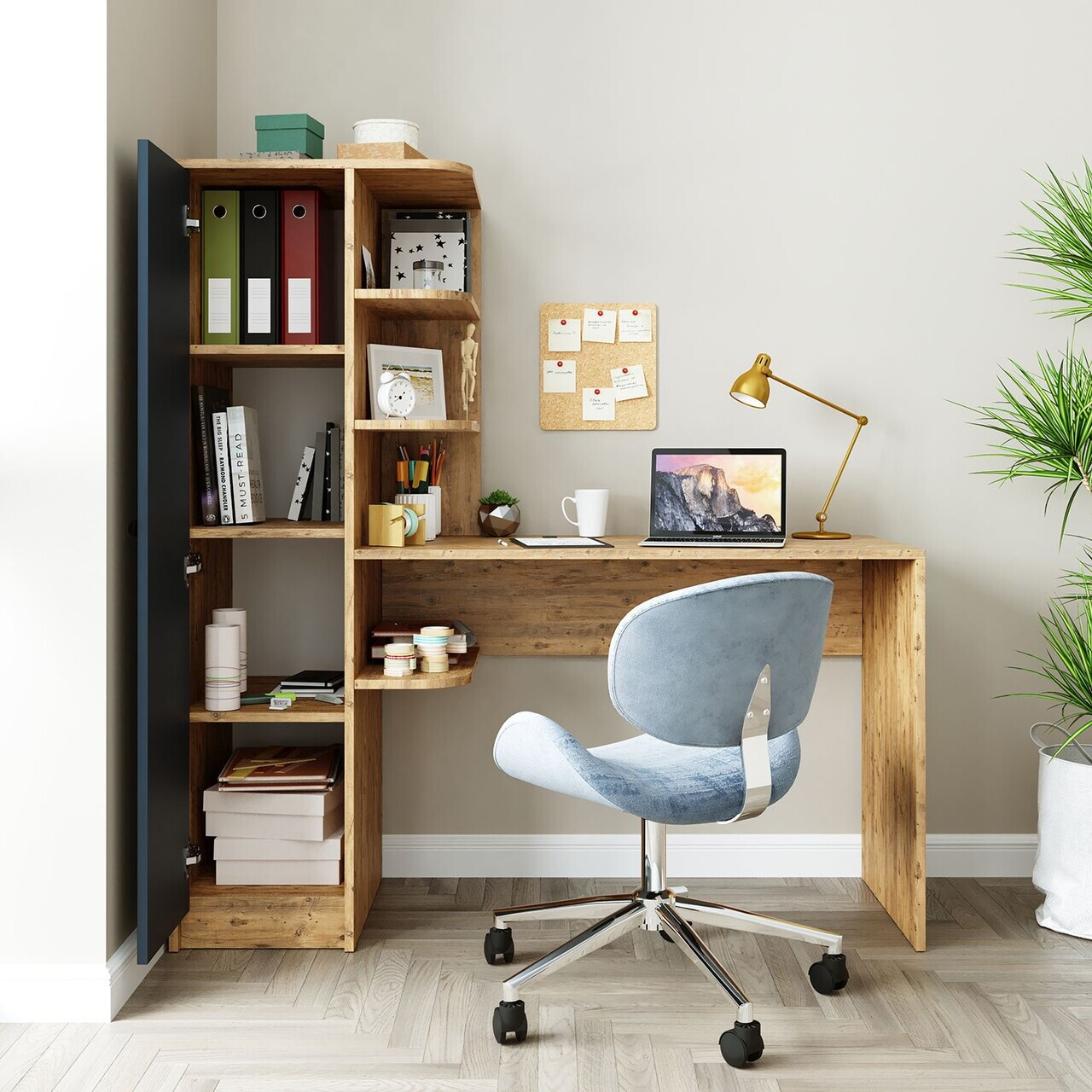 Set birou si biblioteca, Hanah Home, 2076, 143.2x143.2x50 cm, PAL MELAMINAT, Pin Atlantic / Antracit — imaginea 2