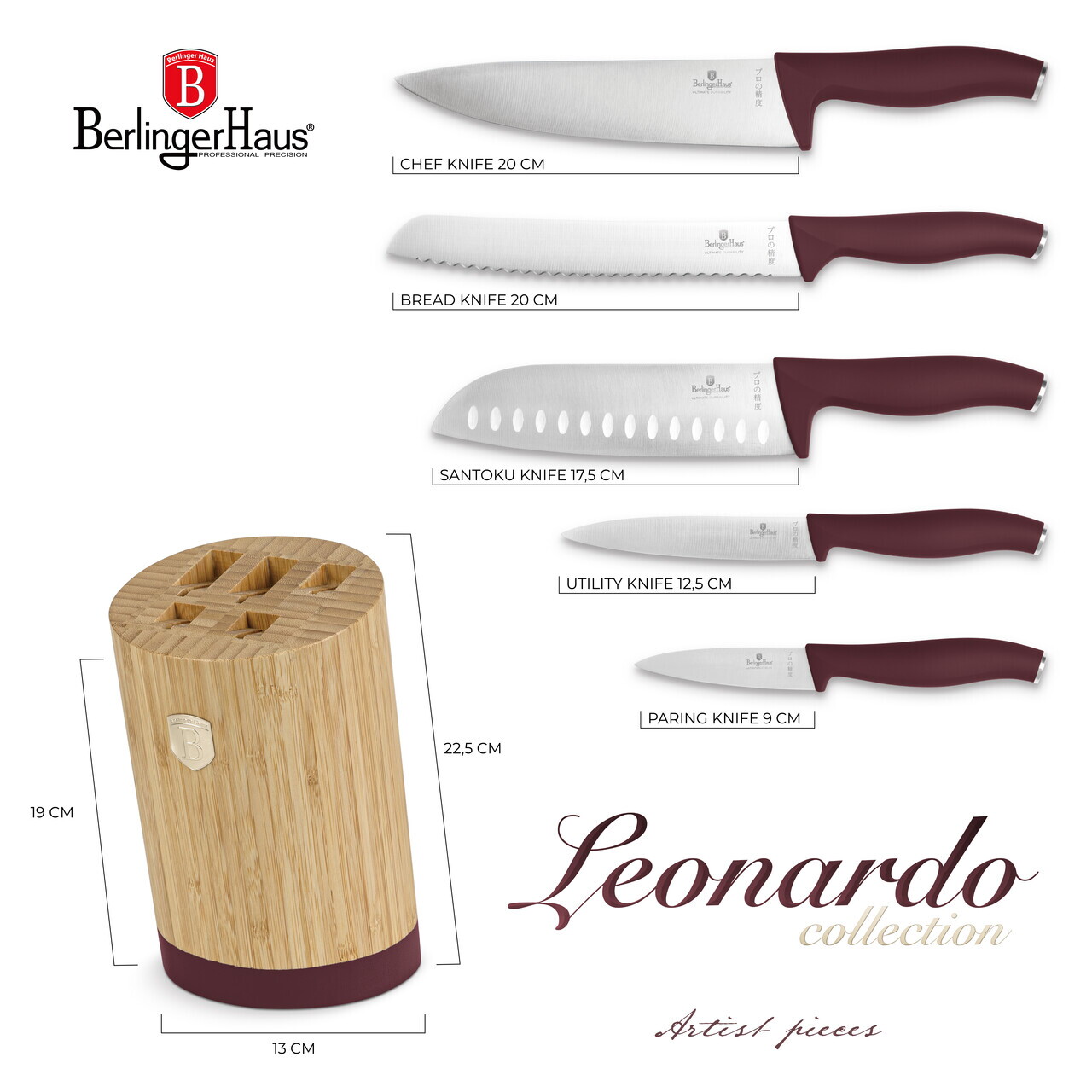 Set 5 cutite cu suport rotund Berlinger Haus, Leonardo, inox/bambus, visiniu mat/natur - imagine 12