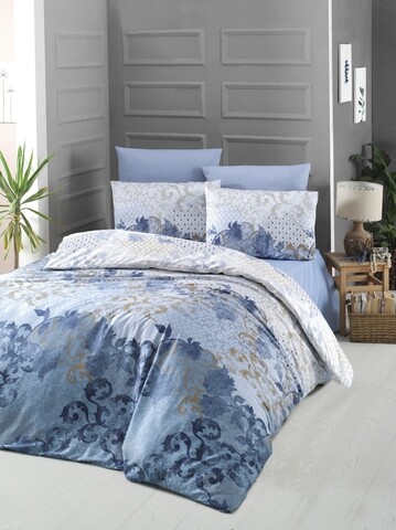 Lenjerie de pat dubla King Size, Victoria, Nerissa, 6 piese, 100% bumbac satinat, tesatura Jacquard, albastru