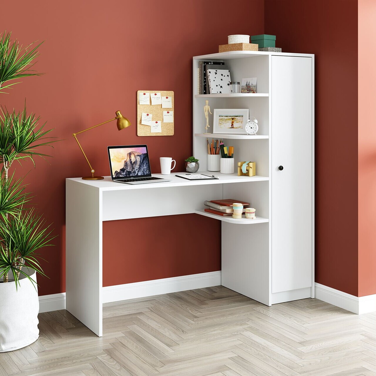Set birou si biblioteca, Hanah Home, 2128, 143.2x143.2x50 cm, PAL MELAMINAT, Alb — imaginea 4