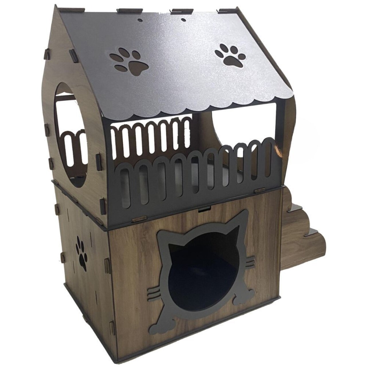 Casă pentru pisici, Paws &amp; Whiskers, Adora, MDF, Antracit / Nuc deschis - imagine 4
