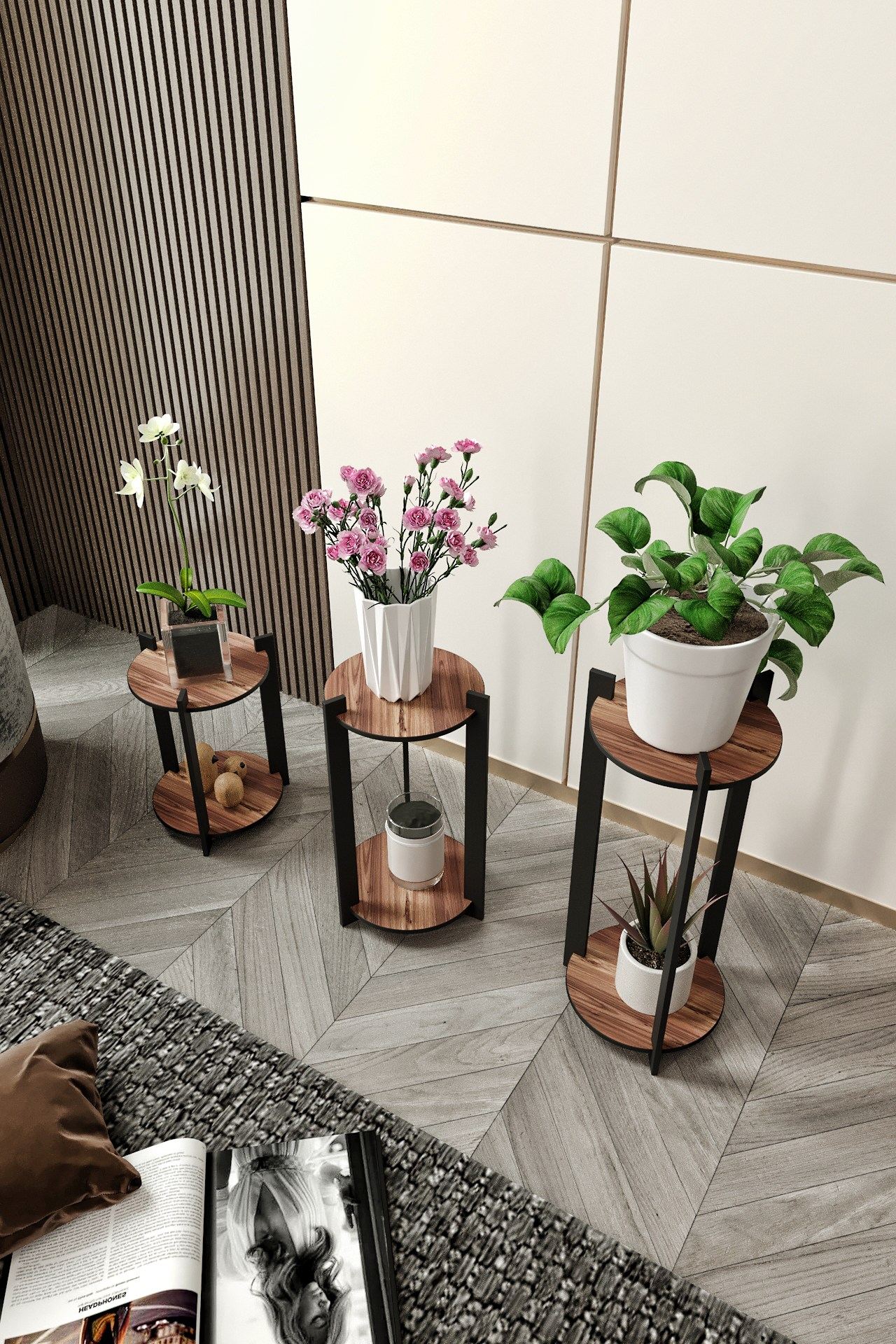 Stand din lemn pentru plante, Poter, Flower Desk Round, Maro