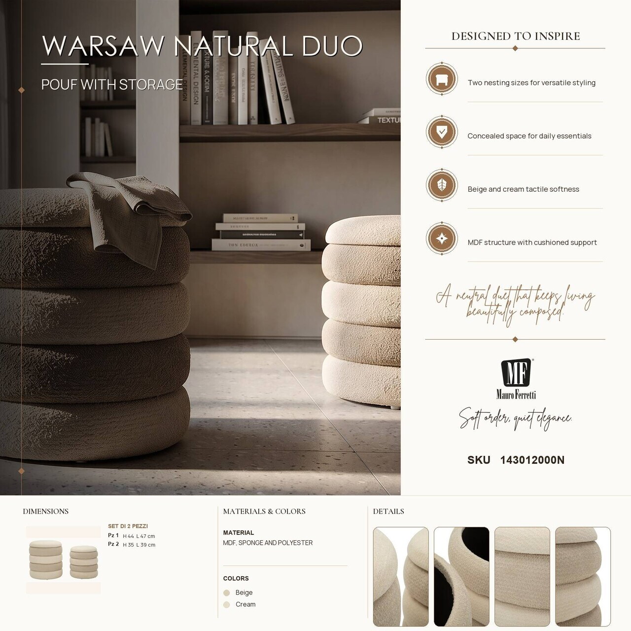 Set 2 taburete cu spatiu de depozitare, Mauro Ferretti, Nordic Style, 44x47 cm, poliester/MDF, bej/crem — imaginea 10