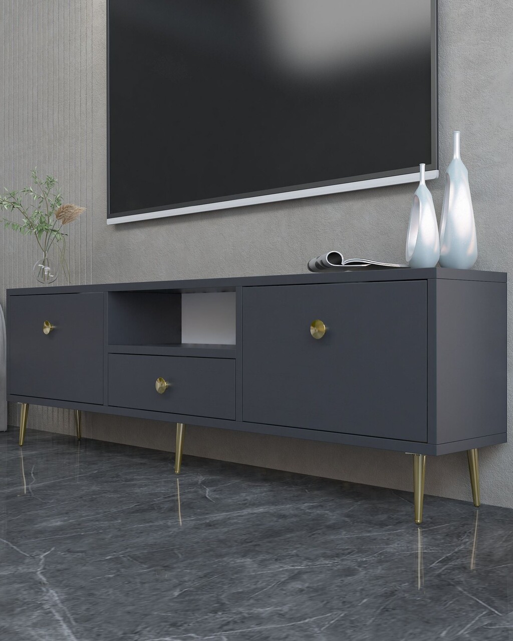 Comoda TV, Hanah Home, 1307-DROP-1, 140x45x30 cm, PAL , Antracit / Aur - view 2