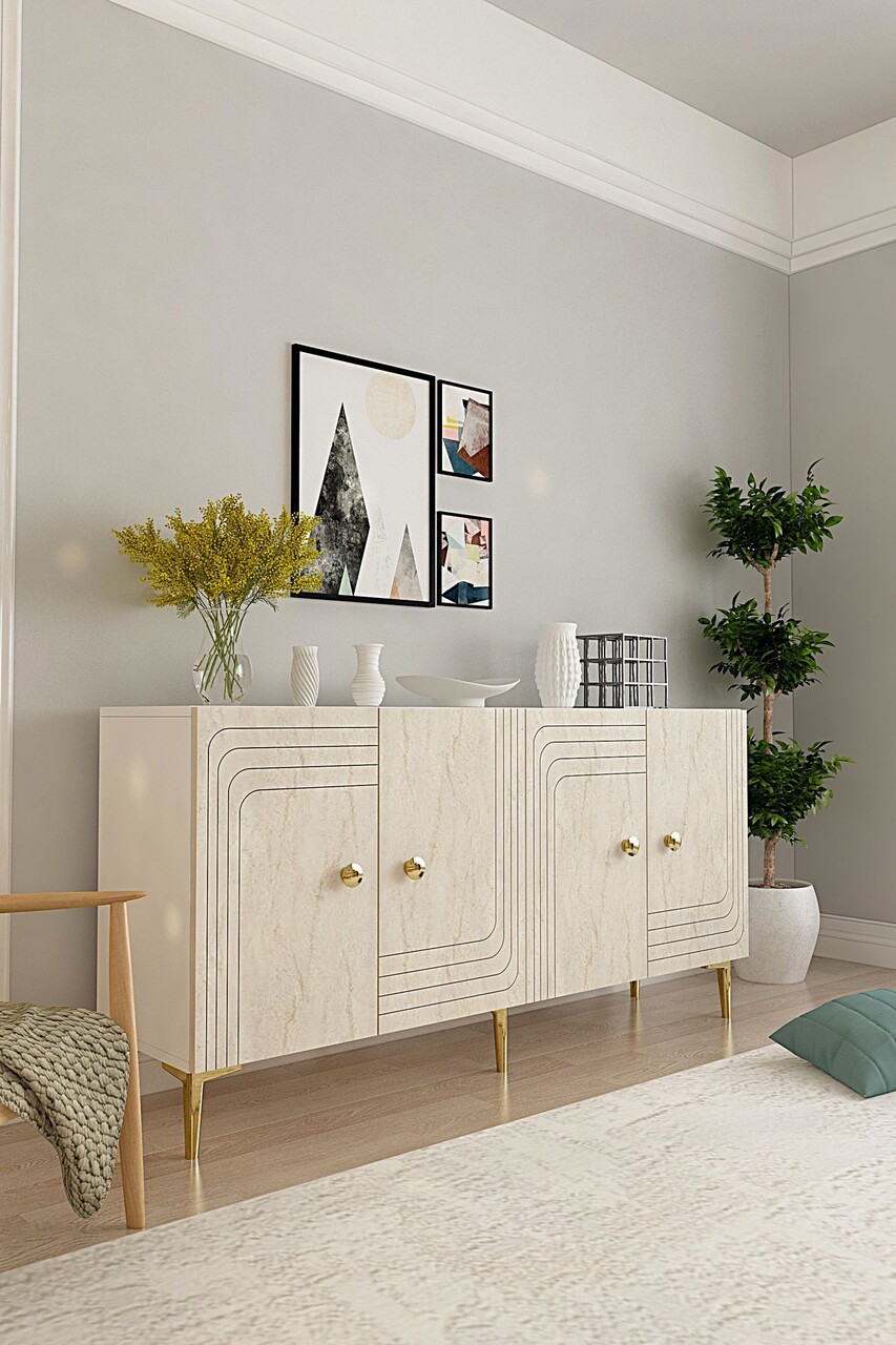 Consola, Hanah Home, Lessi 150, 150x75x32 cm, White / Travertine / Gold - view 2