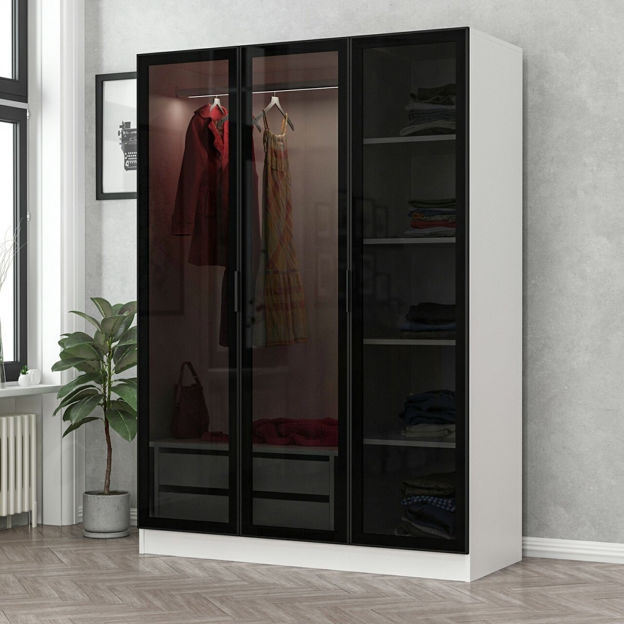 Dulap pentru haine, Minerva, Kale White Black, 135x210x52 cm, PAL, Alb/Negru - 1 | YEO