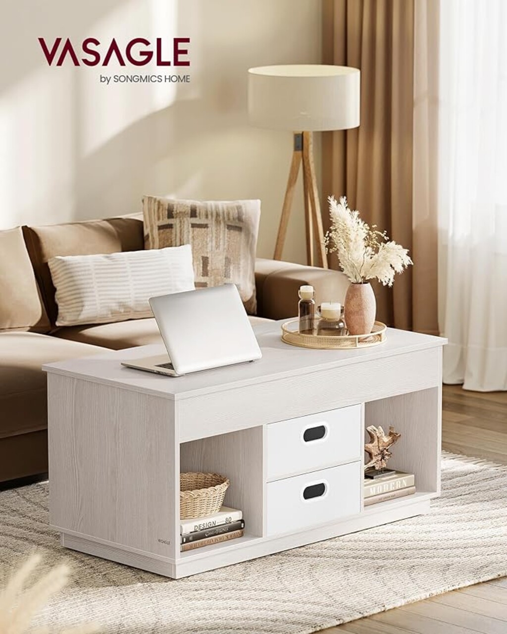 Masuta de cafea cu blaturi rabatabile, Vasagle Lift-Top, 100x50x48-62.3 cm, PAL/otel, bej - imagine 2