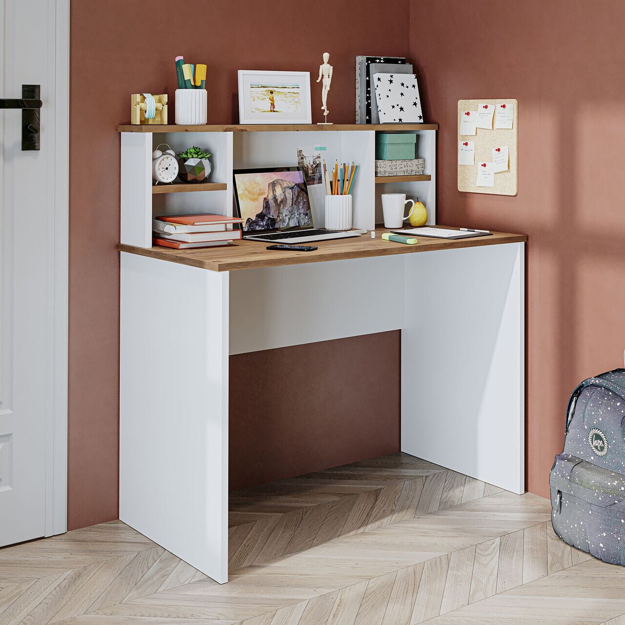 Birou, Hanah Home, 2636, 100x105.8x55 cm, PAL MELAMINAT, Pin Atlantic / Alb — imaginea 2