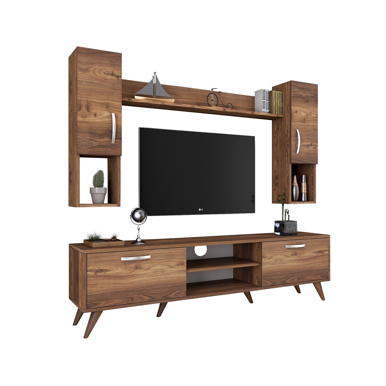 Comoda TV Cu Raft De Perete Si 2 Cabinete M27 - 284, Wren, 180 X 35 X 48.6 Cm/133 Cm, Walnut