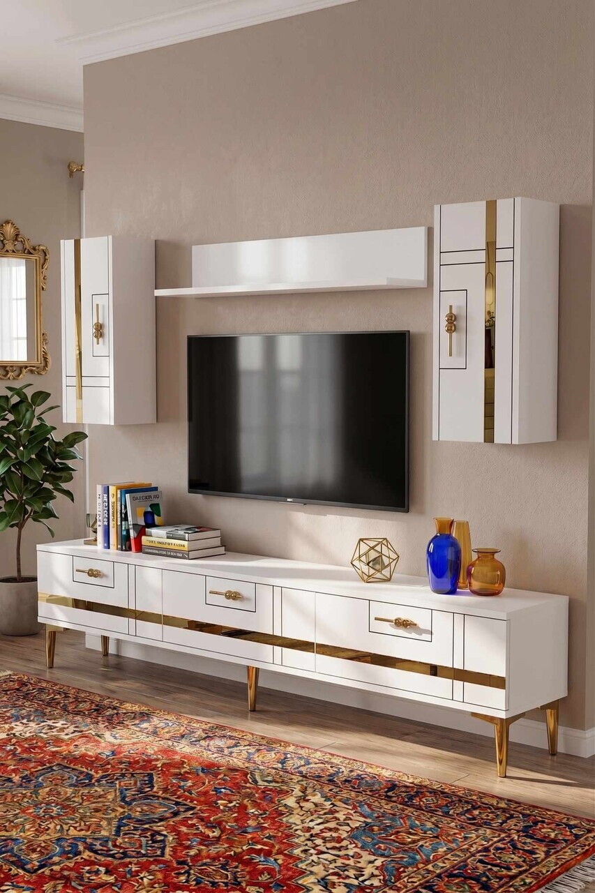 Comoda TV, Hanah Home, Ilay, 180x41x30 cm, Alb/Auriu
