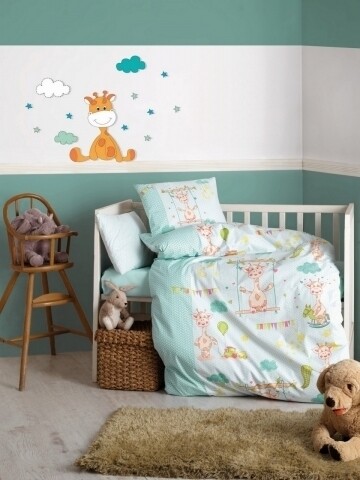Lenjerie de pat pentru copii Little Giraffe, Cotton Box, 4 piese, 120 x 150 cm, 100% bumbac ranforce, multicolora