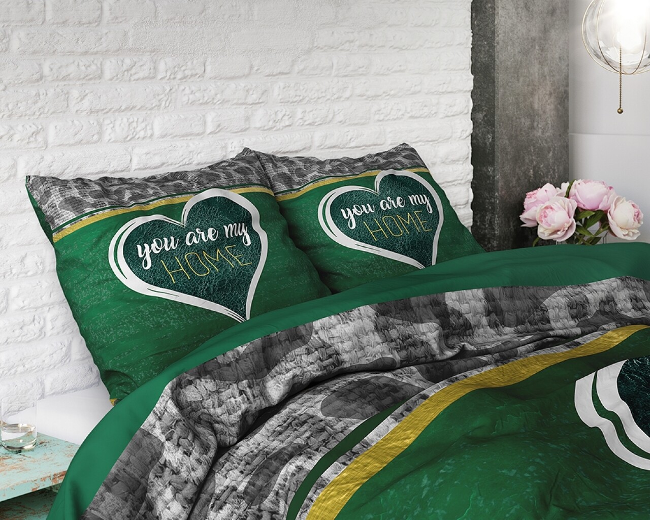 Lenjerie De Pat Dubla Home Green, Royal Textile, 3 Piese, 200 X 220 Cm, 100% Bumbac Flanel, Multicolor
