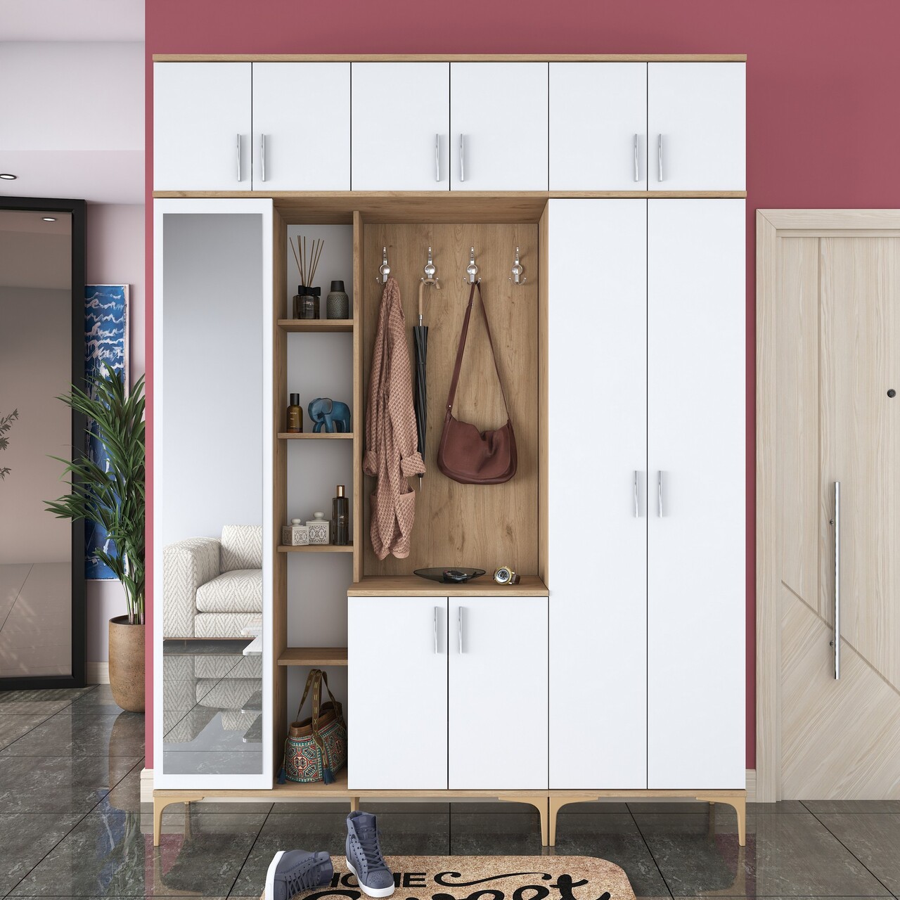 Cuier de perete, Rani, EA121, 180x240x37.5 cm, PAL, Nuc/Alb - 1 | YEO