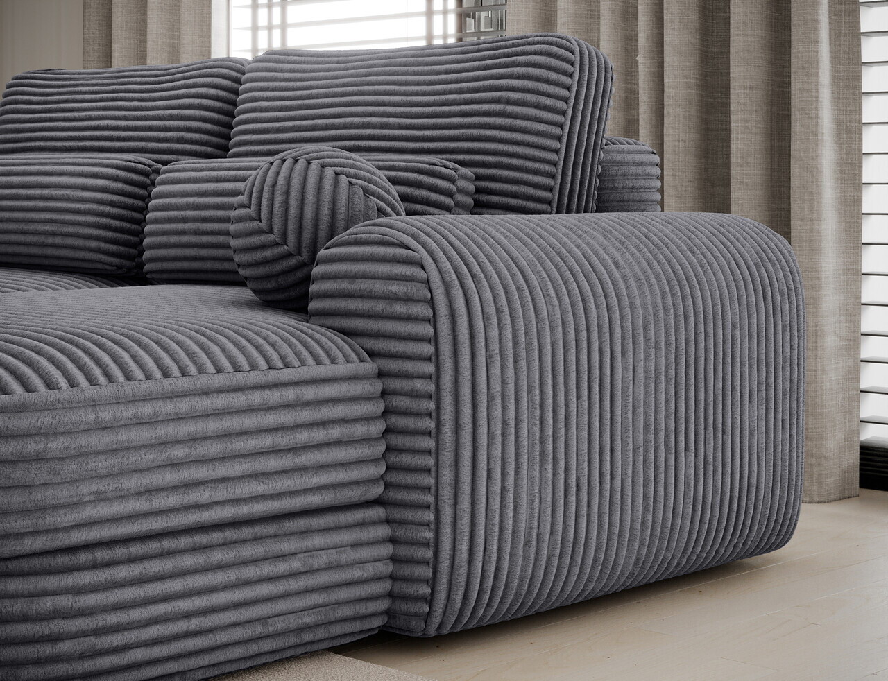 Coltar extensibil dreapta 3 locuri ELTAP, Ripeli, 217x175x96 cm, lemn/catifea din poliester, gri inchis — imaginea 9