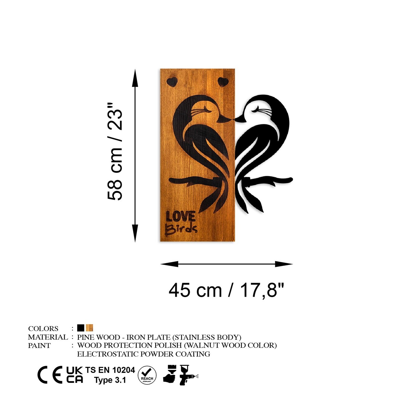 Decoratiune de perete, Love Birds 5, Lățime: 45 cm Înălțime: 58 cm Adâncime: 3 cm, Nuc / Negru — imaginea 7