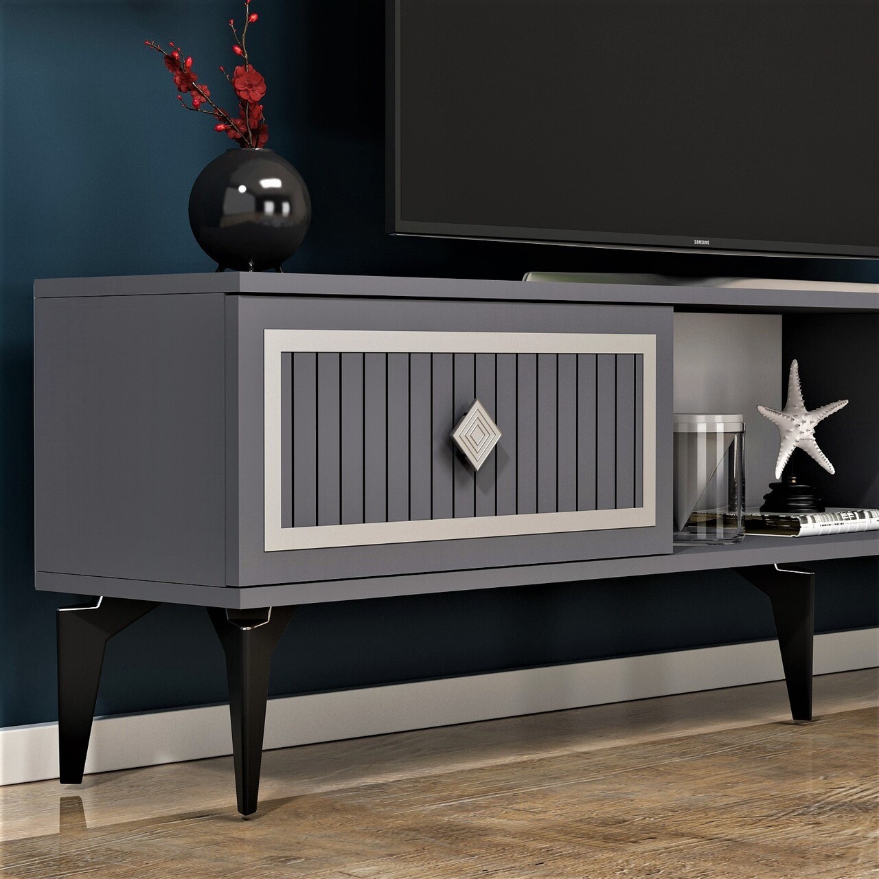 Comoda TV, Olivia, Nil, 150x44.6x29.6 cm, PAL, Antracit / Argintiu - 2 | YEO